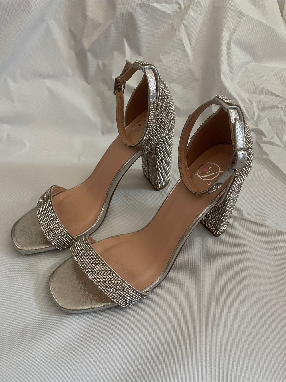 Delicious Silver Rhinestone Block Heel Ankle-Strap Sandals